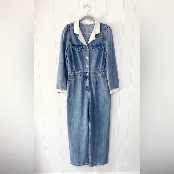 Polagram Denim Jumsuit Light Wash V-neck Collared Corduroy Sz L Straight Leg - Picture 2 of 16